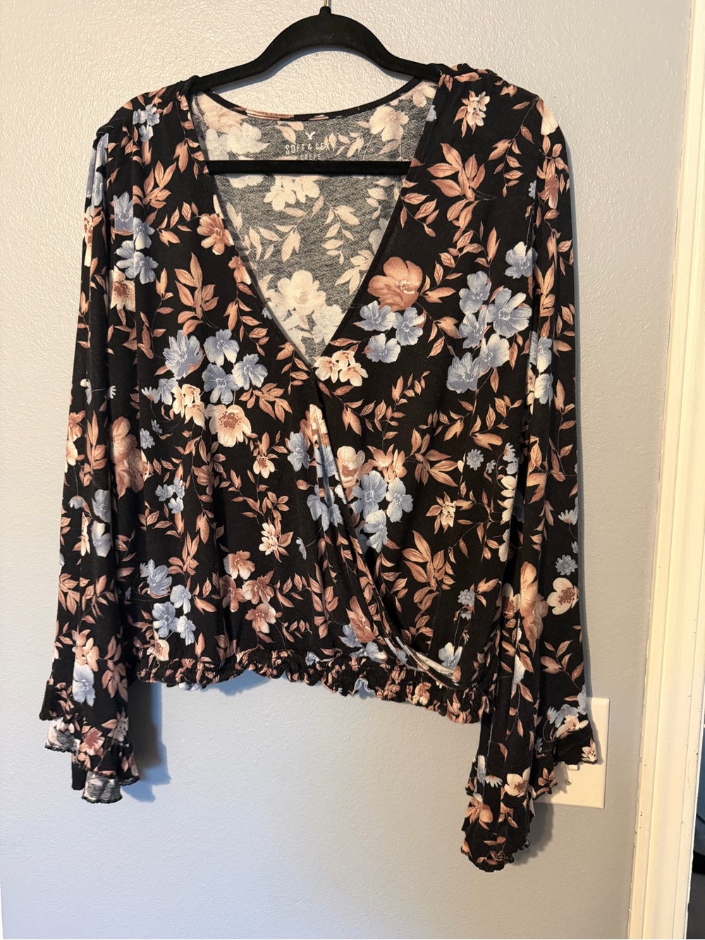 Floral Surplice Blouse in Black with Blue & Blush Blooms